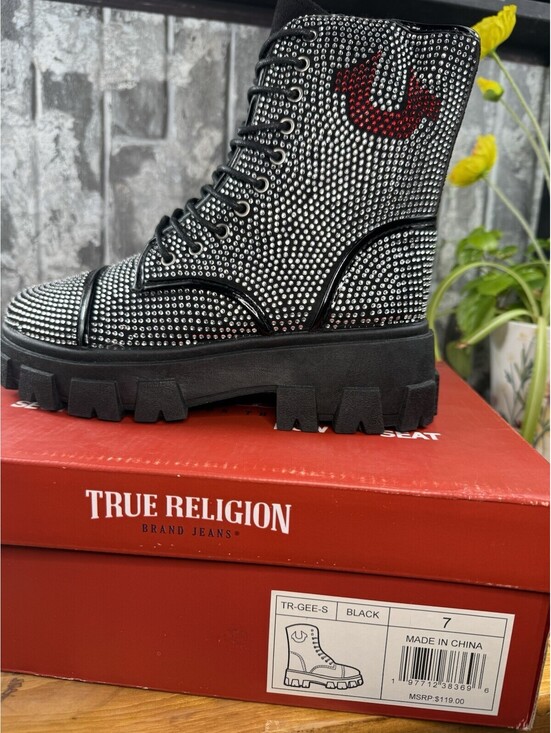 True Religion Shoes - True Religion GEE Studded Combat Ankle Boots Lace-Up Zip Platform Logo 7